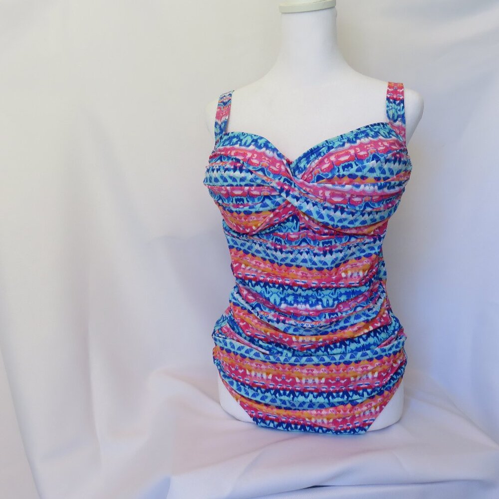 One Piece Rouched Swimsuit Bathing Suit Blue Pink Coral Multicolor......…726